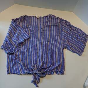 Dizzire Striped V-Neck Tie-Front Casual Blouse